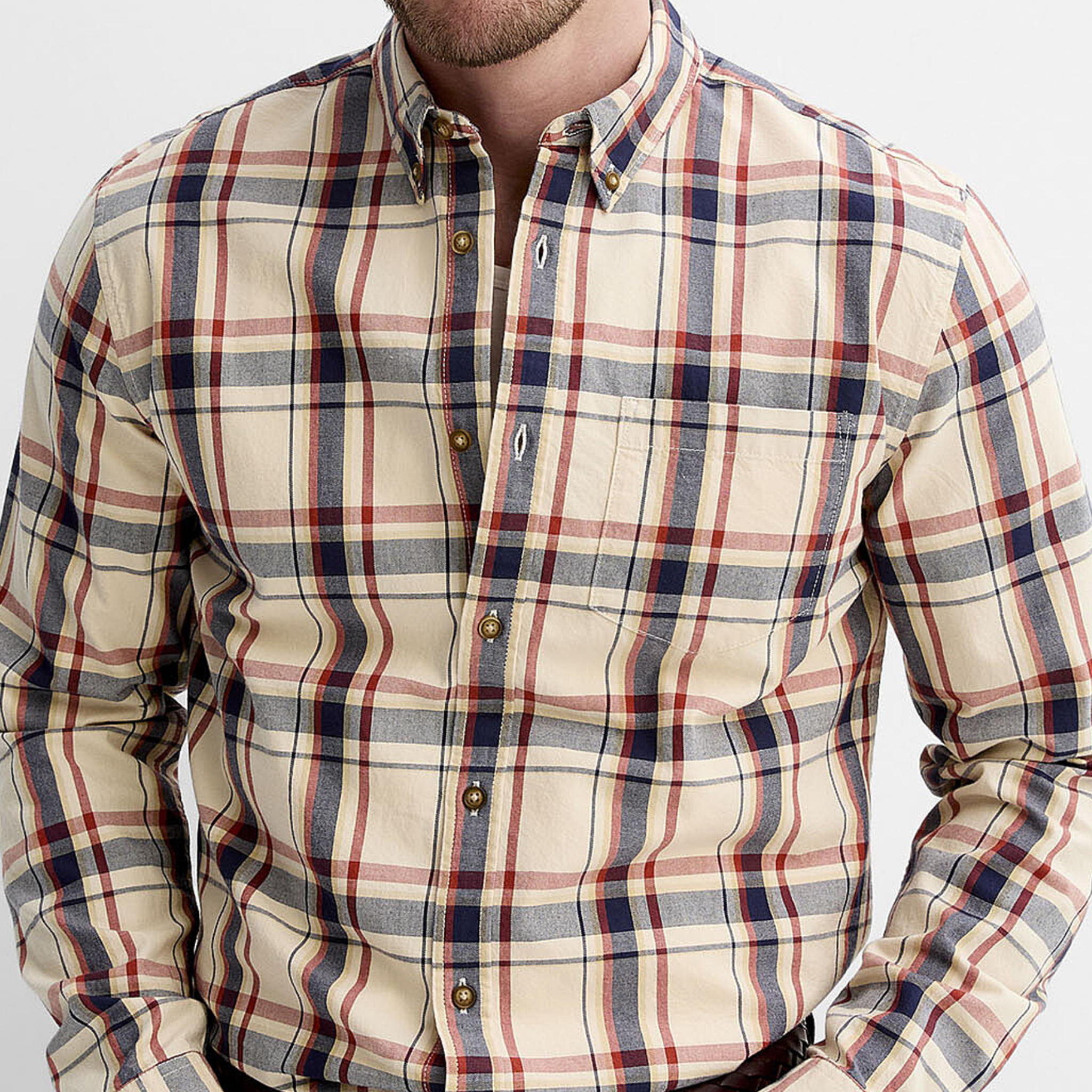Men's Classic Casual Cotton Blend Check Lapel Long Sleeve Shirt MTA1800G2K