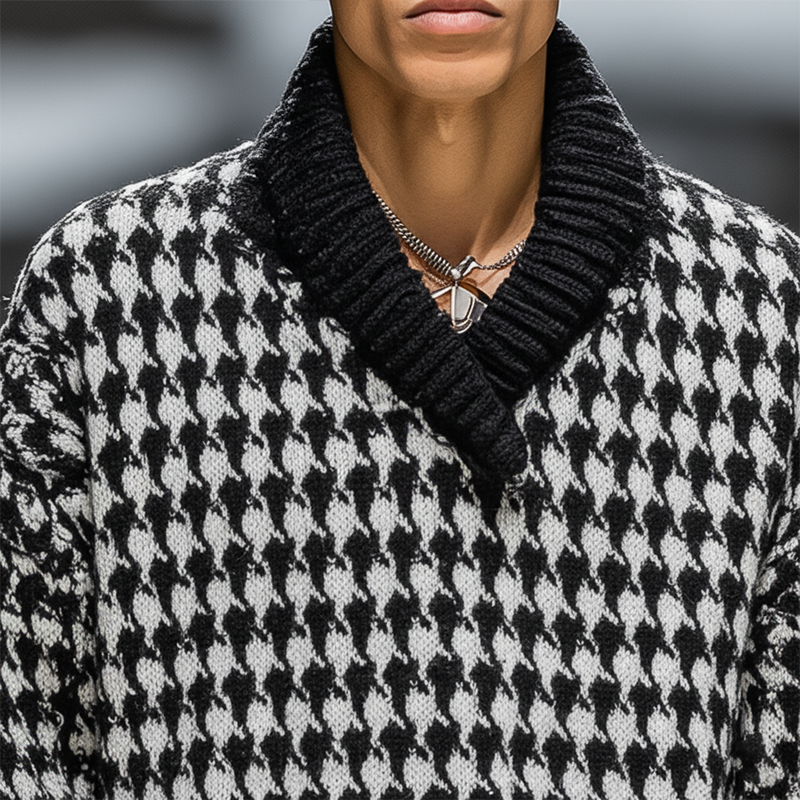 Men's Winter Fashion Cotton Knitted Houndstooth Pattern Sweater MTA1363J1P