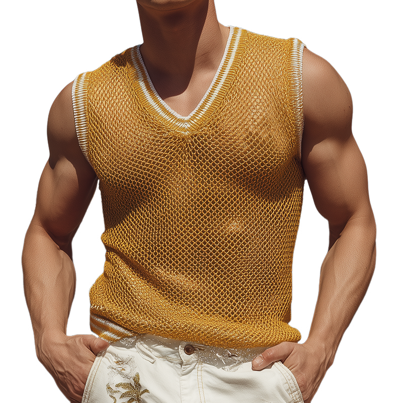 Men's Spring And Summer Fashion Casual Slightly Transparent Sexy V-neck Slim Knitted Tank Top MTA1921F6K