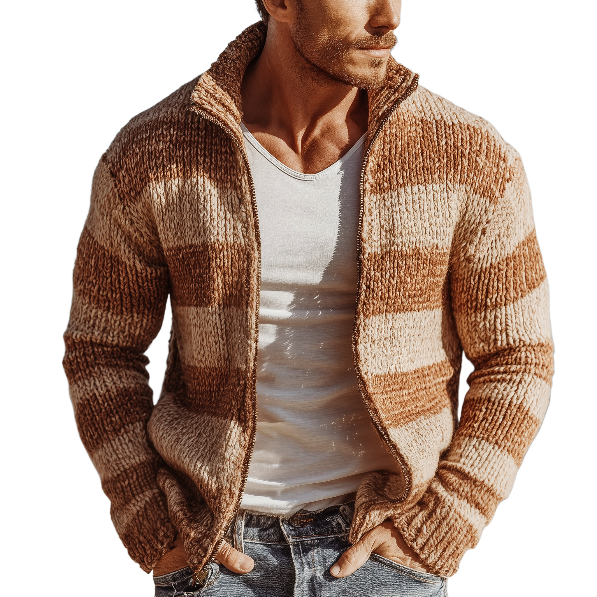 Men's Classic Casual Stand-up Collar Contrast Color Horizontal Stripes Slim Zipper Cardigan MTA2726J7K