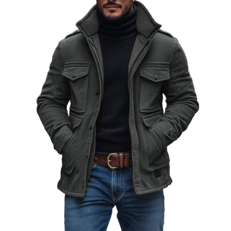 Manteau à fermeture éclair multi-poches en patchwork avec col en polaire et daim vintage pour homme 99704034M