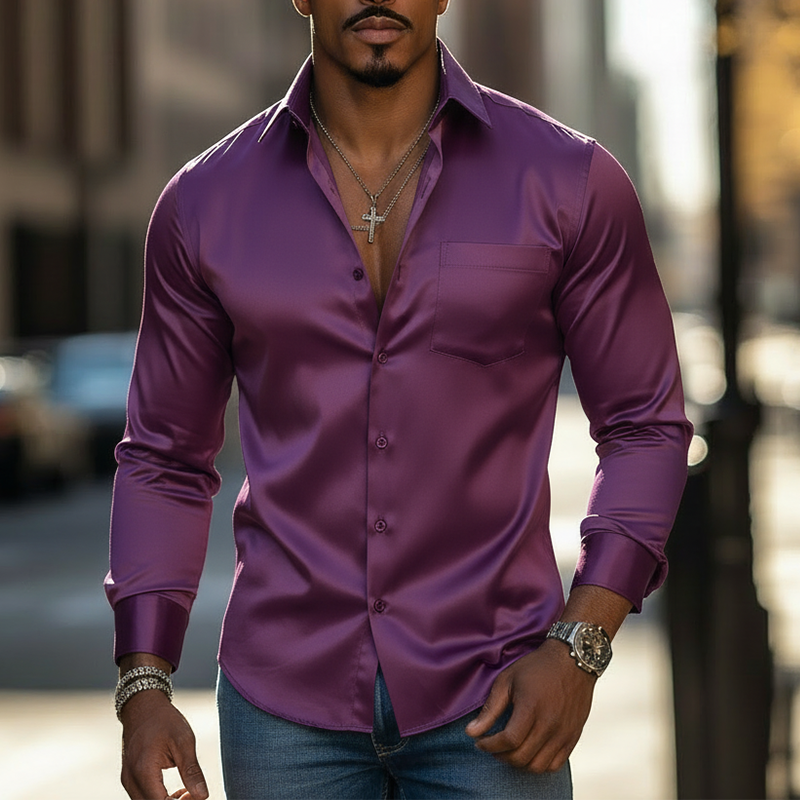 Men's Spring Fashion Satin-like Long-sleeved Shirt MTZ0880A5P