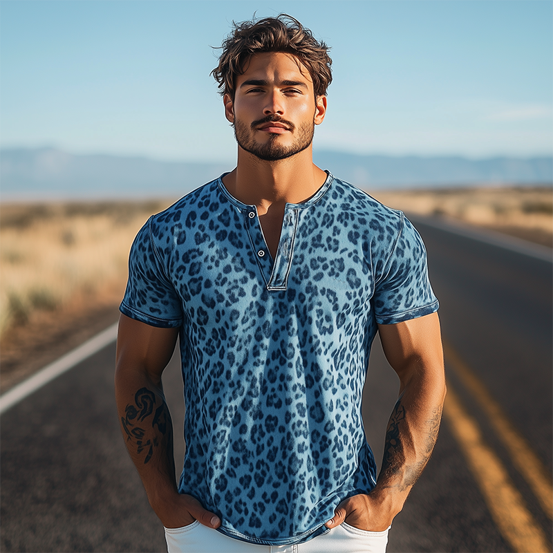 Men's Spring And Summer Fashion Casual Western Cowboy Style Cotton Blended Printed Leopard Henley Collar Short Sleeve T-Shirt MTA1392E3K