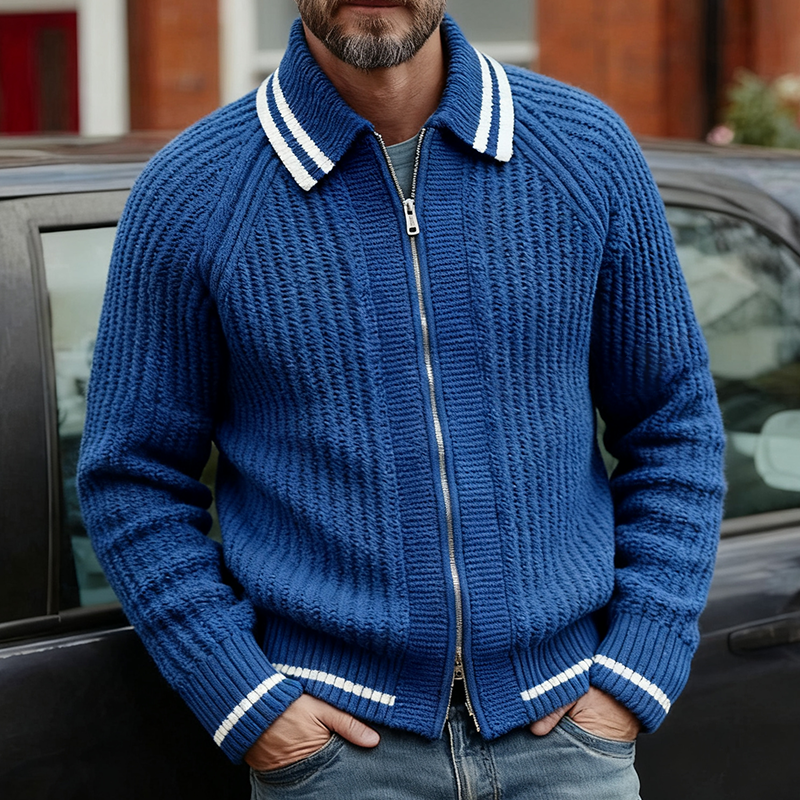 Men's Retro Casual Striped Knitted Colorblock Double Zipper Lapel Sweater Cardigan MTA1643J2TO