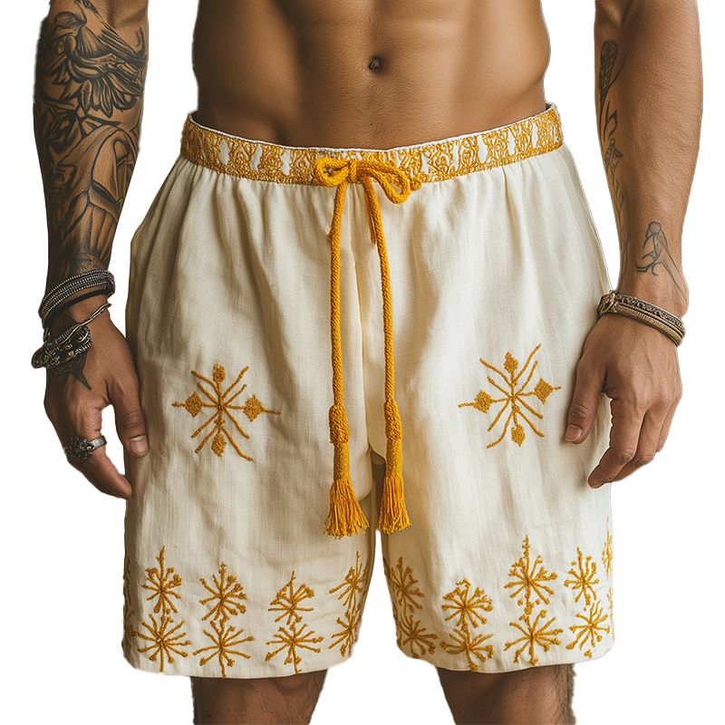 Men's Summer Fashion Cotton And Linen Embroidered Casual Shorts MTA1044F3P