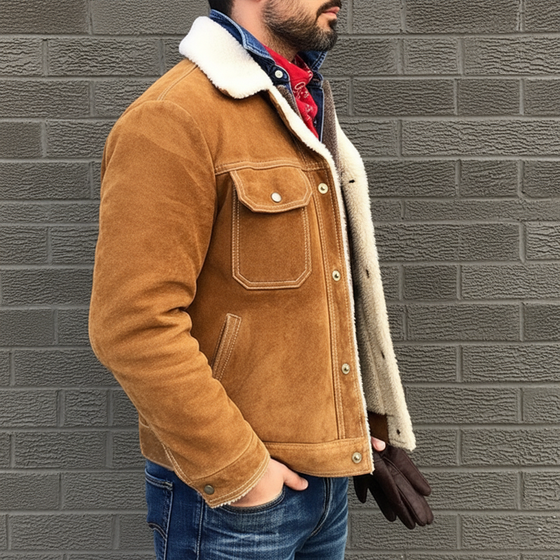 Men's Retro Camel Suede Faux Lambswool Warm Lined Jacket MTA1855K5U