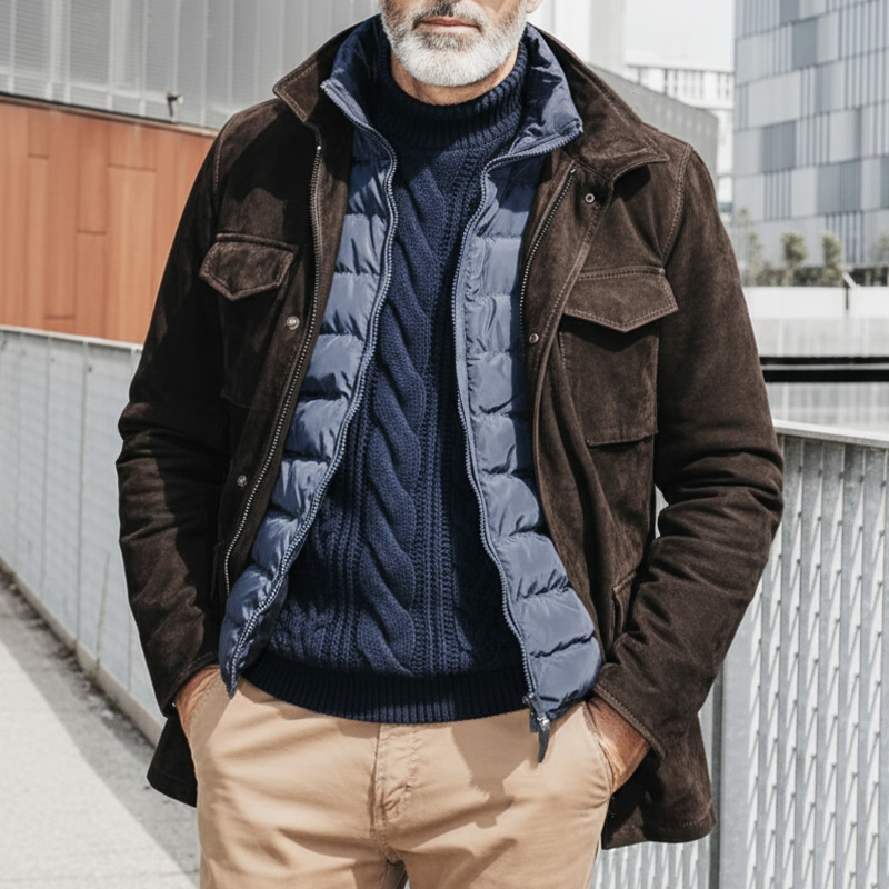 Men's Classic Dark Brown Lapel Zip-up Suede Jacket MTA1833K7U