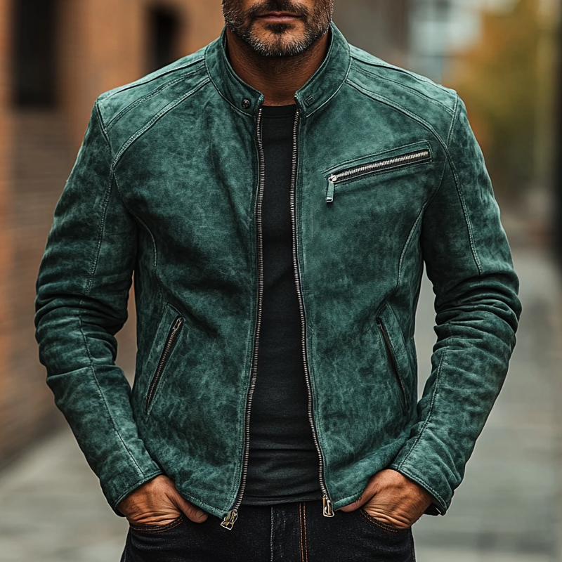 Men's Vintage Solid Color Faux Suede Multi-Zip Slim Fit Jacket MTA1885H3X