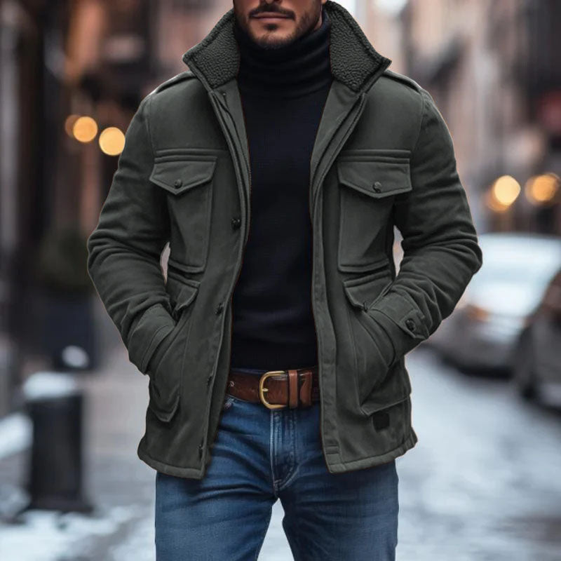 Manteau à fermeture éclair multi-poches en patchwork avec col en polaire et daim vintage pour homme 99704034M