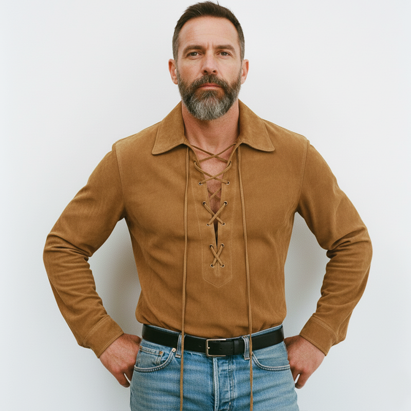 Men's Classic Western Style Suede Tie-Neck Long-Sleeve T-Shirt MTA0565L1U