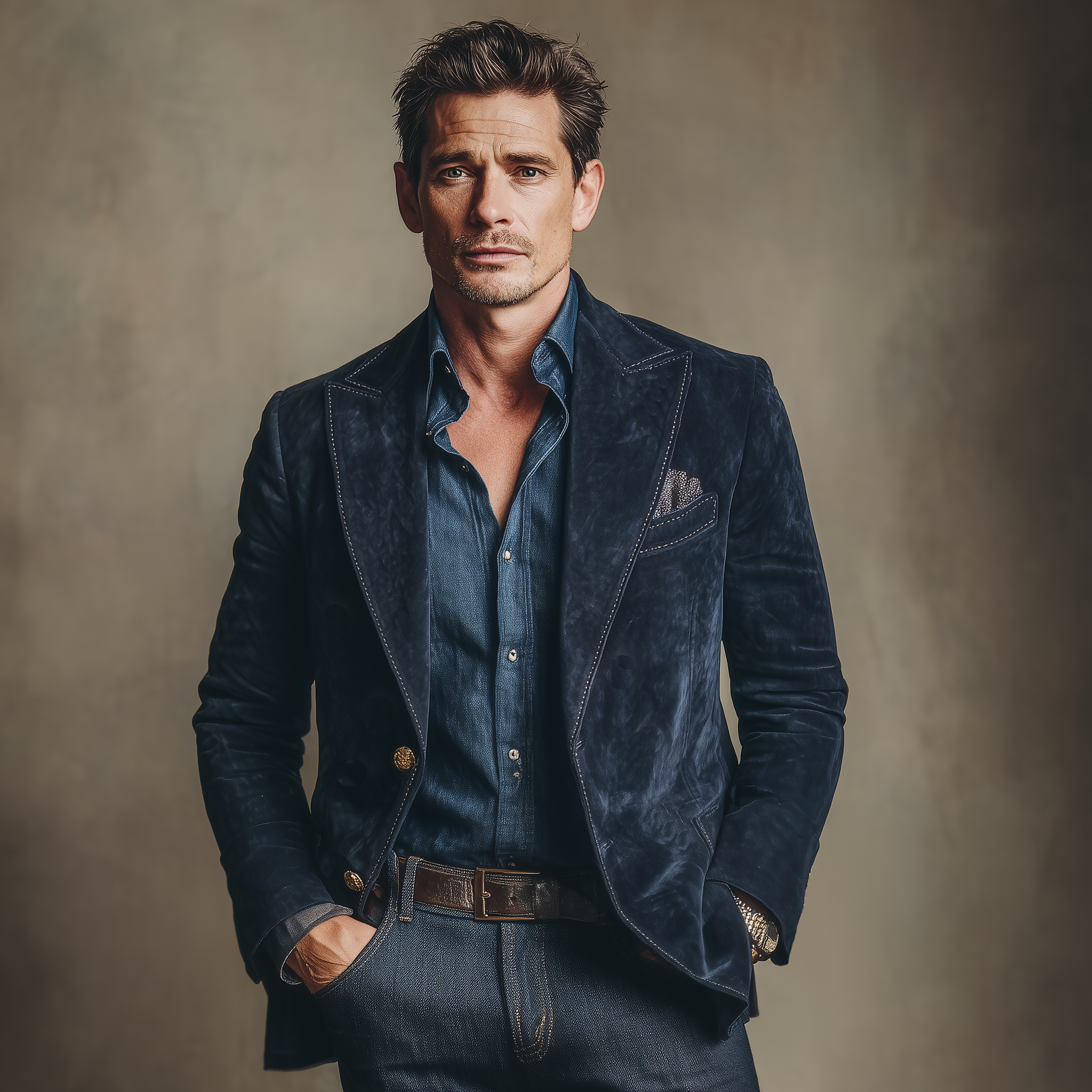 Men's Classic Vintage Navy Suede Single-breasted Slim-fit Blazer MTA1546I4K
