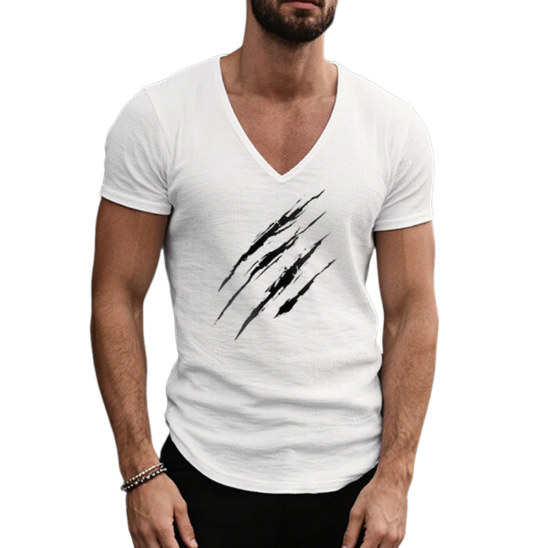 Men's Retro Casual Scratched Printed Cotton V-Neck Short Sleeve T-Shirt MTA1969F0TO