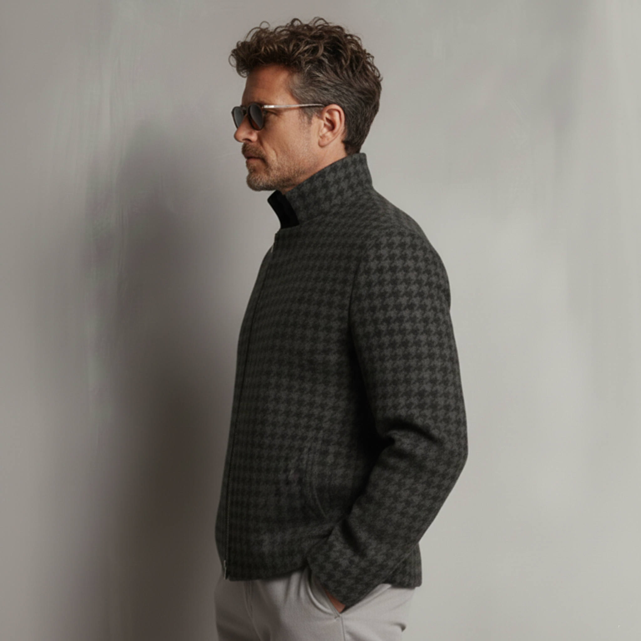 Men's Classic Retro Light Business Stand Collar Faux Houndstooth Wool Zip-Up Jacket MTA0480K5K