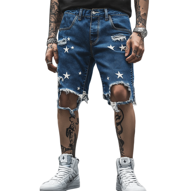 Men's Summer Fashion Star Printed Ripped Denim Shorts MTA0457F6U