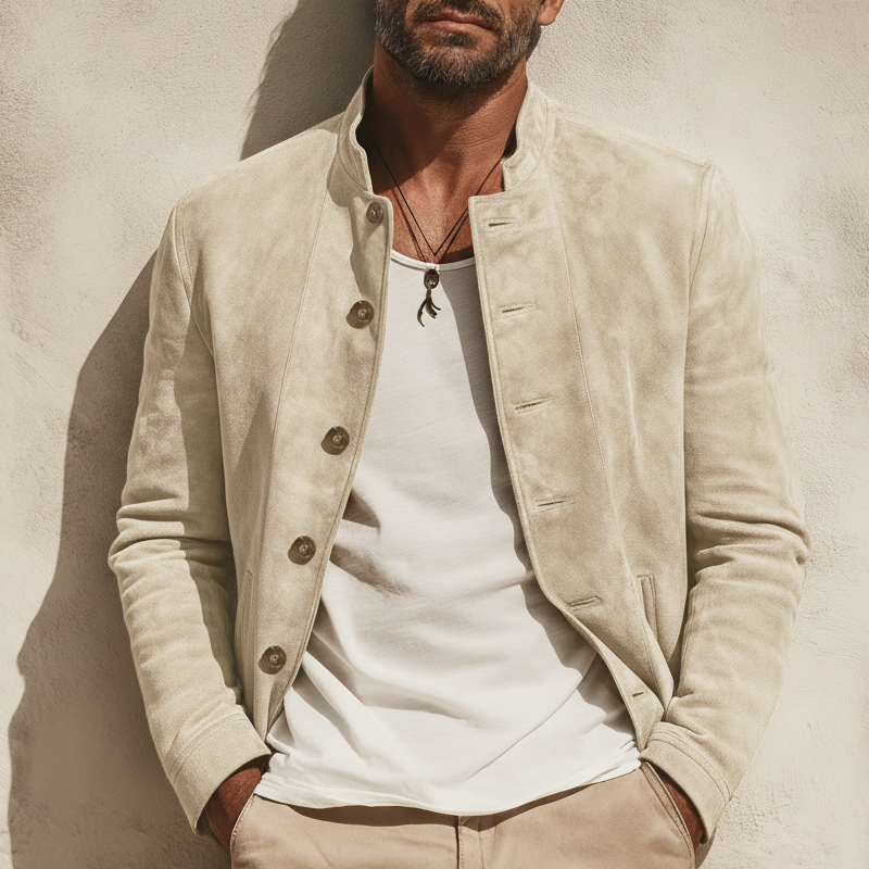 Men's Classic Beige Stand-collar Button-up Jacket MTZ2355A9U