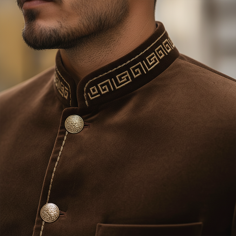 Men's Retro Embroidered Stand-up Collar Velvet Button Jacket MTA2334L6P
