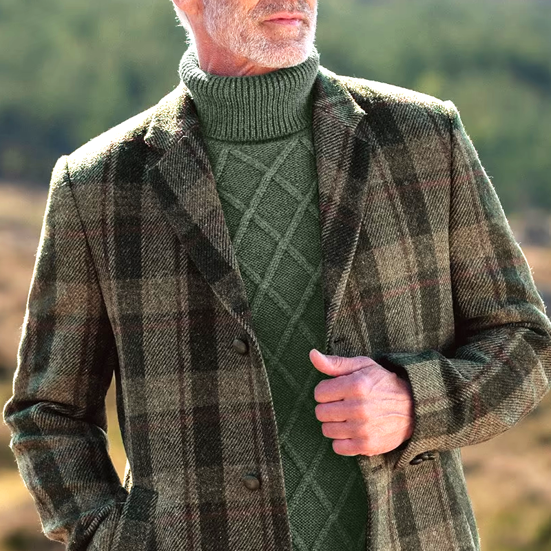 Men's Plaid Tweed Notch Lapel Single-Breasted Mid-length Coat MTA1638I9Z