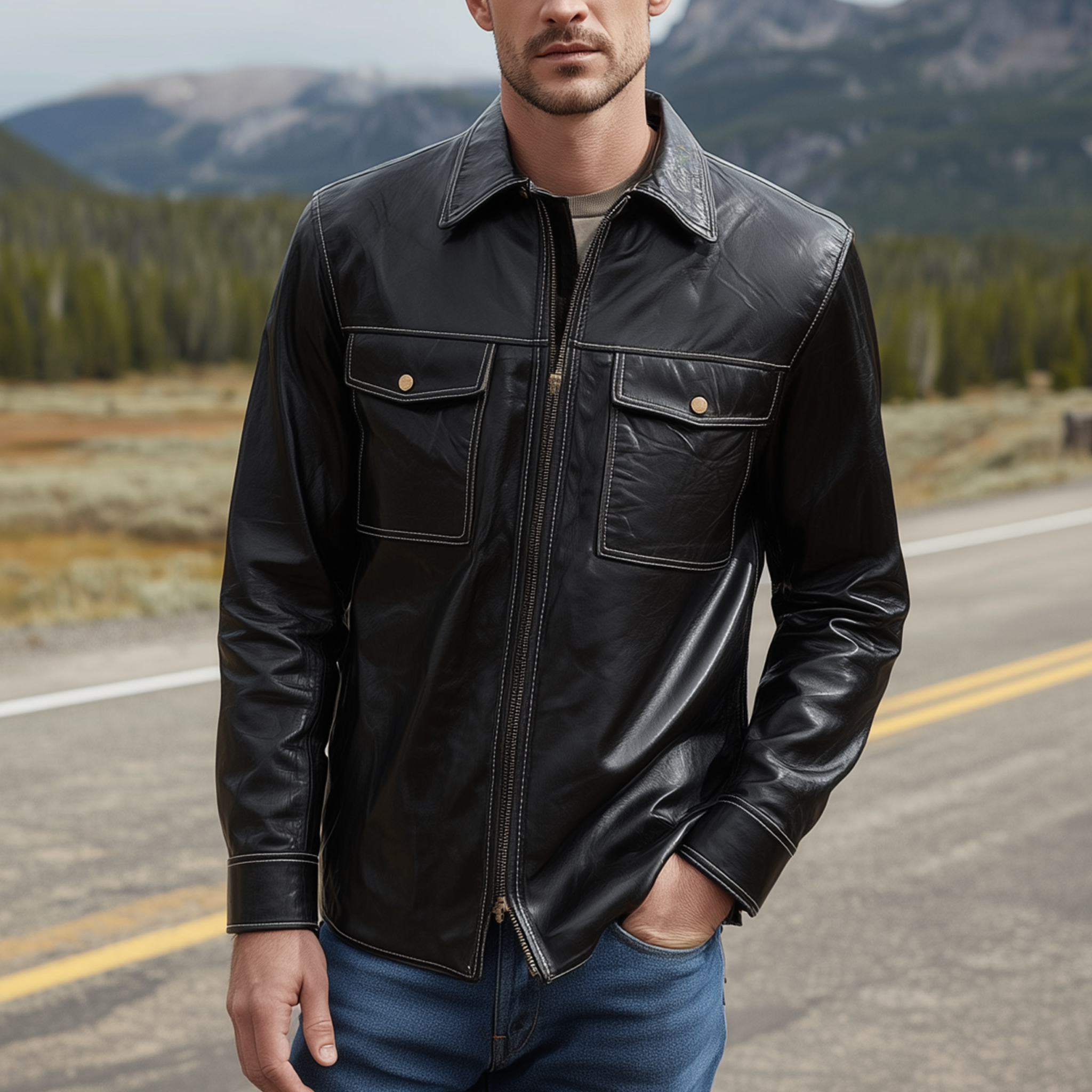 Men's Classic Vintage Textured Leather Lapel Zipper Slim Fit Jacket MTA0241H4K