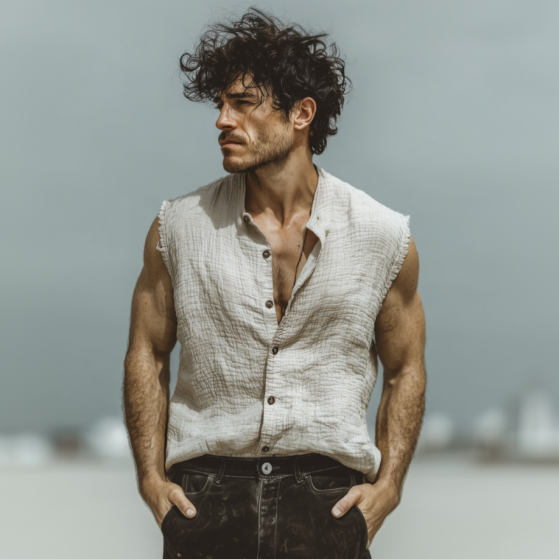 Men's Casual Solid Color Breathable Pleated Cotton Stand Collar Loose Raw Edge Sleeveless Shirt MTA2455F9M