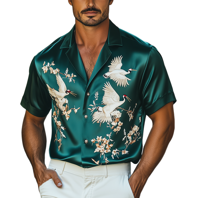 Herreskjorte med brodert sateng, luksuriøs kortermet, MTA1077F8U