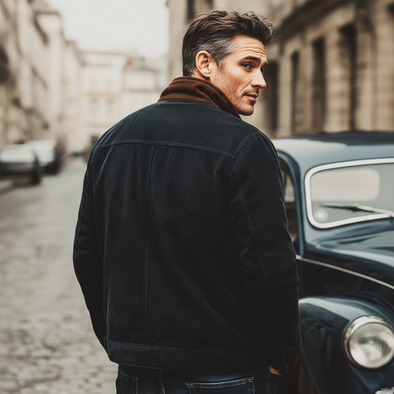 Men's Retro Navy Blue Corduroy Color Block Collar Button Jacket MTA0387K4U