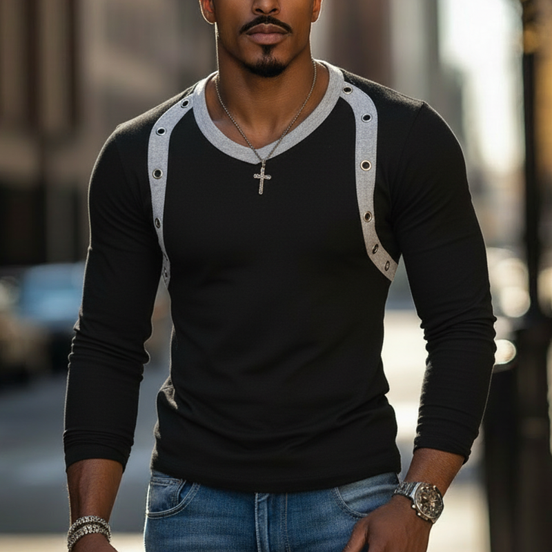 Men's Vintage-style Color-block Perforated Cotton Blend Slim-fit T-shirt MTA2906L8P