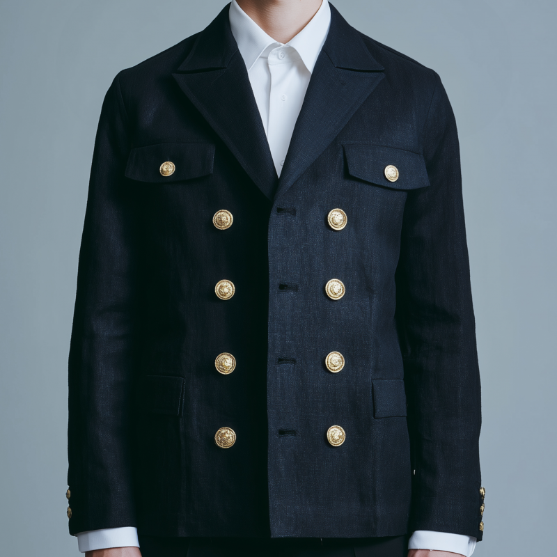 Men's Casual Solid Color Breathable Linen Lapel Double-breasted Metal Button Slim-fit Blazer MTA2983G0M