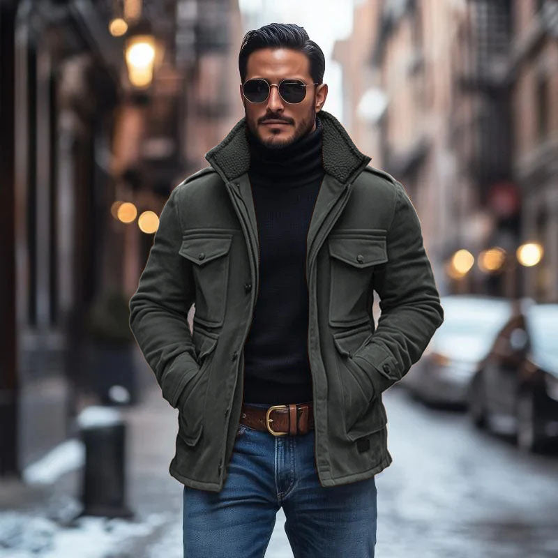 Manteau à fermeture éclair multi-poches en patchwork avec col en polaire et daim vintage pour homme 99704034M