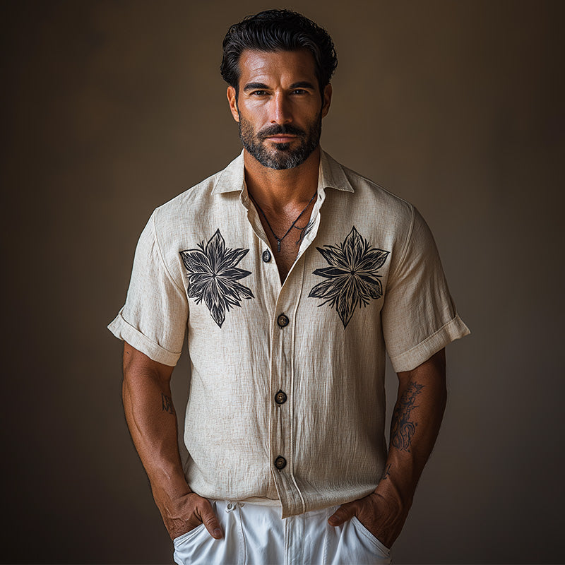 Men's Summer Retro Ethnic Style Monochrome Print Linen Short-Sleeved Shirt MTA2286E1P