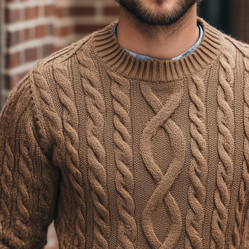 Men's Retro Casual Knitted Cable Knit Crew Neck Sweater MTA0481K6TO