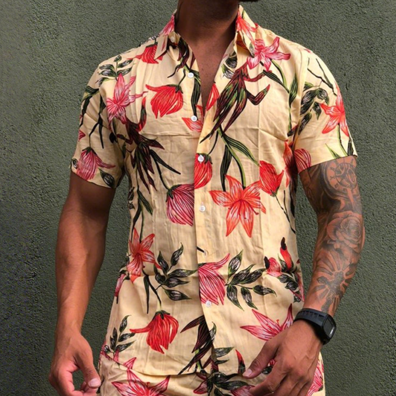 Men's Retro Casual Hawaiian Floral Print Lapel Short Sleeve Shirt Shorts Two-Piece Set MTA0666E5TO