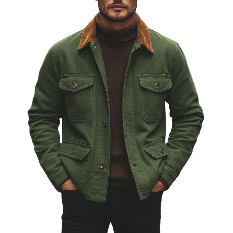 Men's Patchwork Collar Cotton Blend Multi-pocket Jacket MTA0446L0X