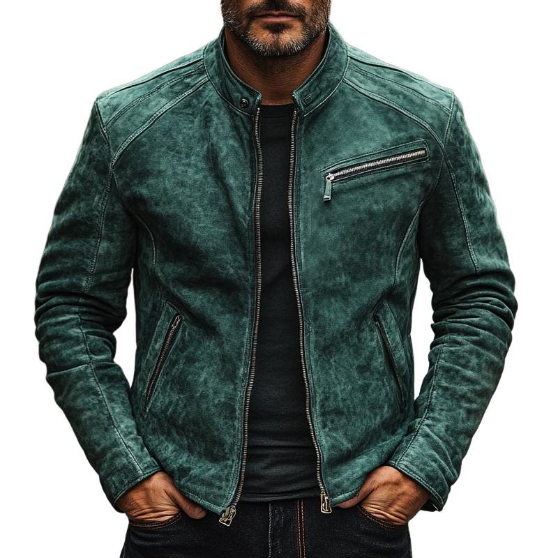 Men's Vintage Solid Color Faux Suede Multi-Zip Slim Fit Jacket MTA1885H3X