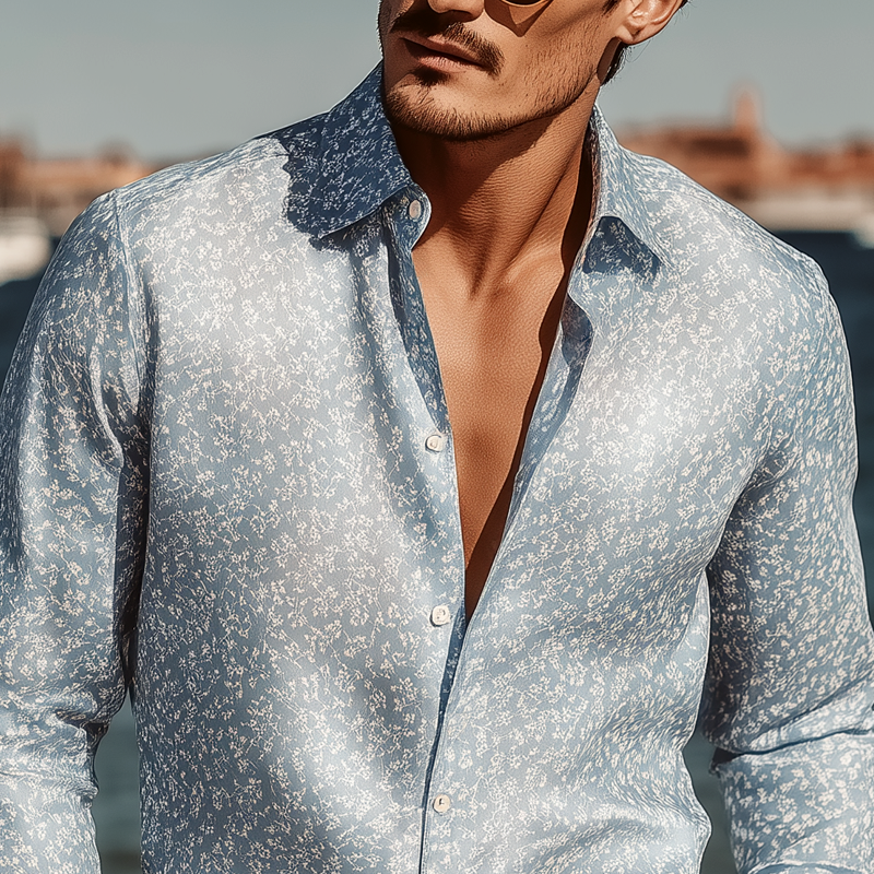 Men's Floral Print Satin Lapel Long Sleeve Shirt MTA1642G2Z