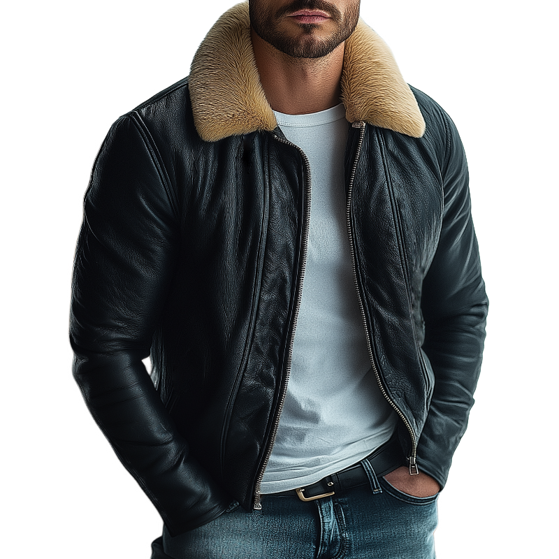 Men's Retro Casual PU Fur Collar Zipper Jacket MTA2049K1TO