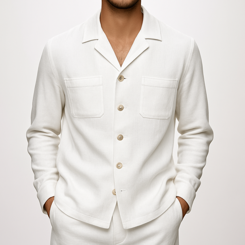 Men's Casual Breathable Cotton Linen Notched Lapel Single Breasted Patch Pocket Loose Long Sleeve Shirt MTA1248E2M