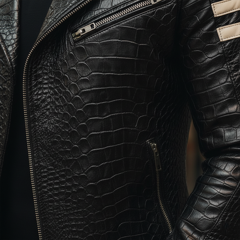 Men's Winter Fashion Crocodile Pattern PU Faux Leather Motorcycle Jacket MTA1758J5P