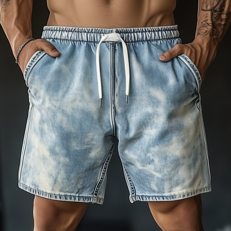 Men's Casual Outdoor Fried Snowflake Washed Loose Elastic Waist Denim Shorts MTA1692F0M
