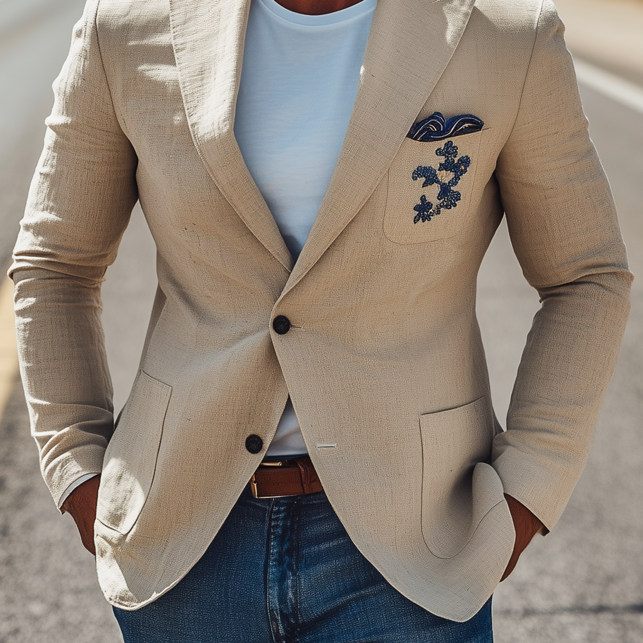 Men's Classic Casual Cotton And Linen Chest Patch Pocket Embroidery Single-breasted Slim-fit Blazer MTA1923G4K
