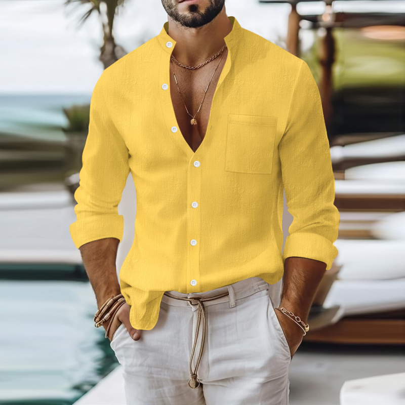 Men's Casual Breathable Solid Color Cotton Linen Stand-up Collar Patch Pocket Slim Fit Long Sleeve Shirt MTA0781G1M