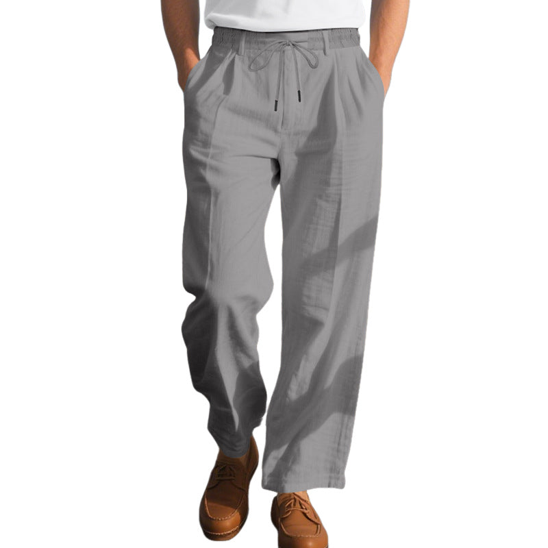 Men's Solid Color Cotton And Linen Holiday Elastic Waist Casual Pants MTA1606E9X
