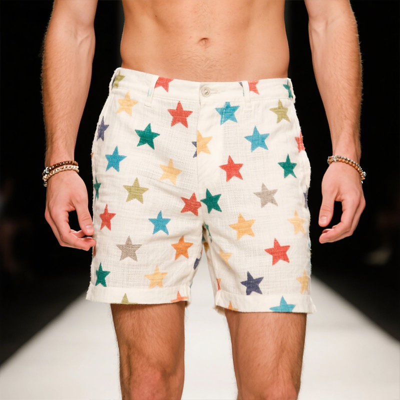 Men's Retro Casual Colored Star Era Linen Shorts MTA2412F2TO