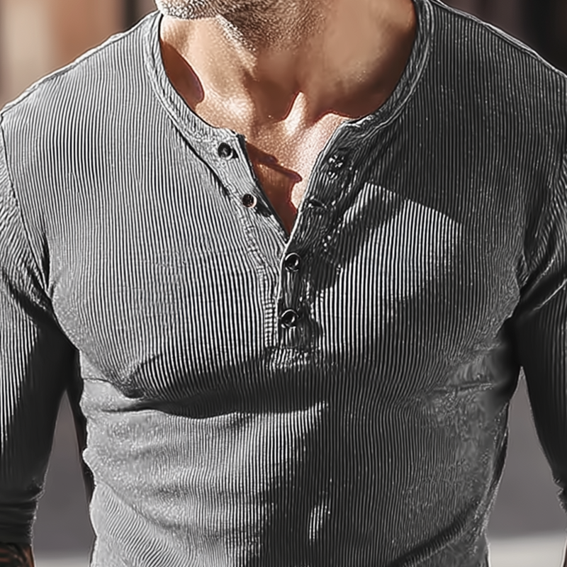 Men's Solid Striped Henley Collar Long Sleeve T-Shirt MTA1368H4Z