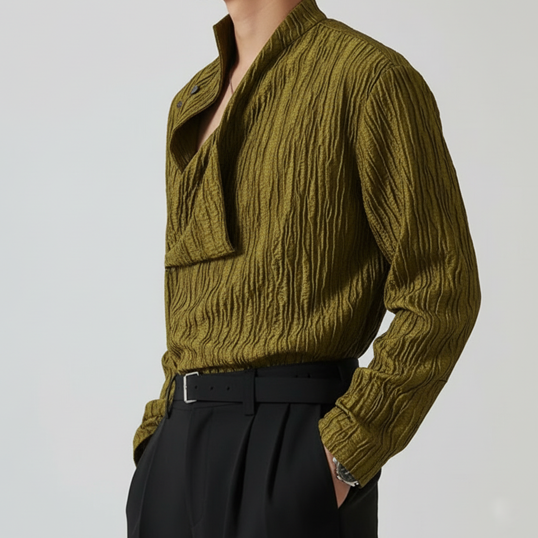 Men's Classic And Stylish Asymmetrical Design Wrinkled Blended Fabric Long-sleeved Shirt MTA3047L6K