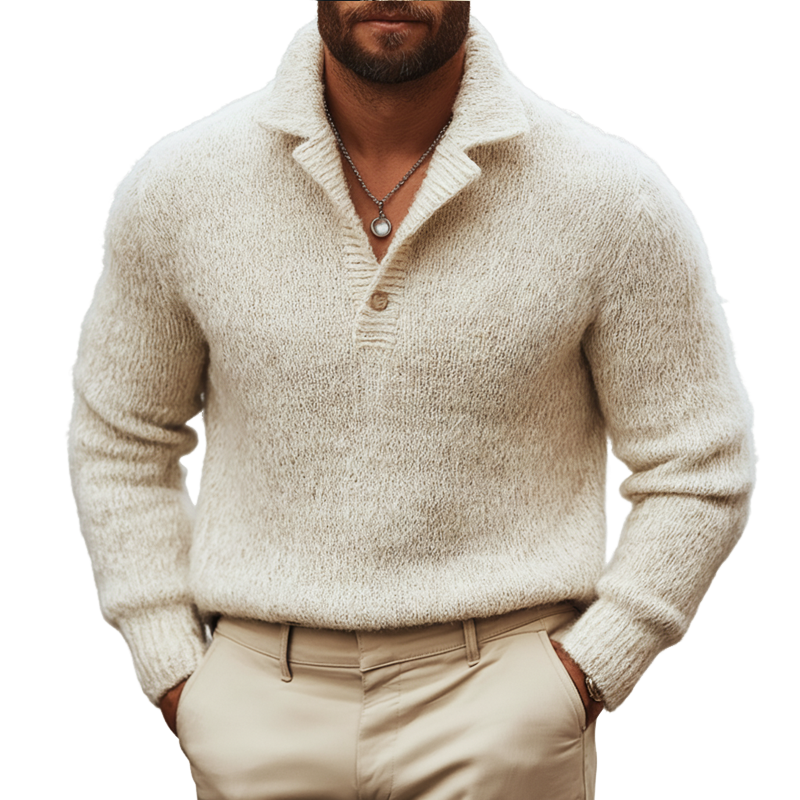 Men's Basic Off-white Single-button Polo Collar Sweater MTA1156K7U