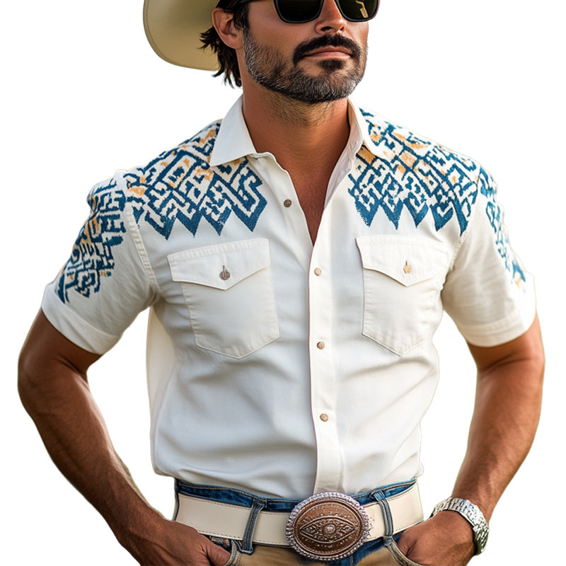 Herreskjorte med kortermet aztekisk trykk i western-cowboystil MTA1238E4U