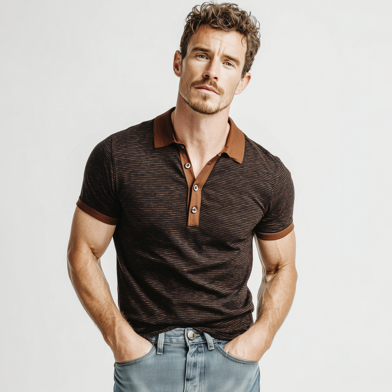 Men's Casual Breathable Cotton Striped Patchwork Lapel Slim Fit Short-sleeved Polo Shirt MTA2996G6M