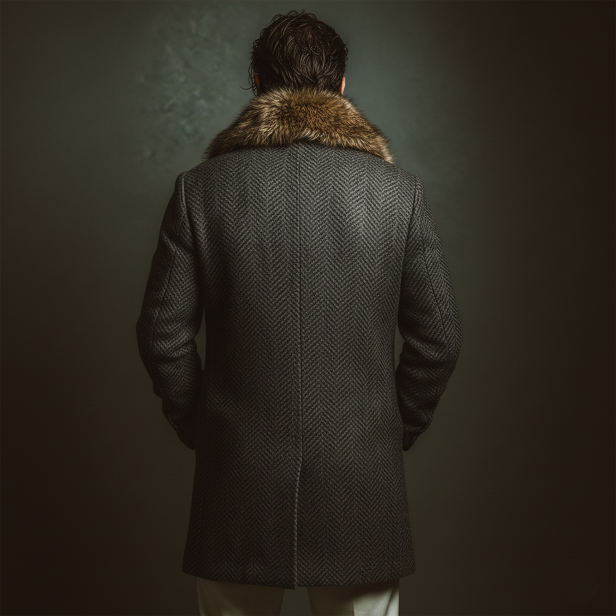 Men's Classic Casual Fur Collar Faux Herringbone Wool Single-breasted Coat MTA3010J1K