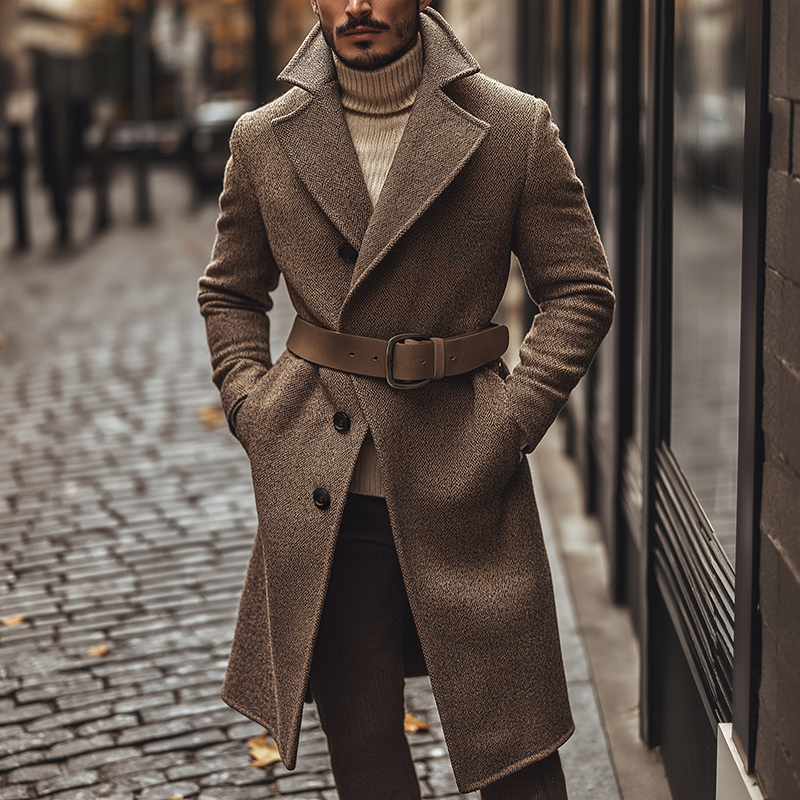 Men's Retro Casual Tweed Belt Single-Breasted Long Coat MTA0645K4TO