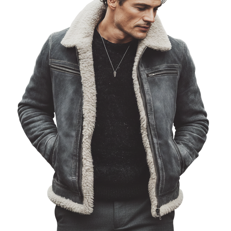 Men's Classic Warm Suede Lambswool Lined Zip-Up Jacket MTA0570L7U